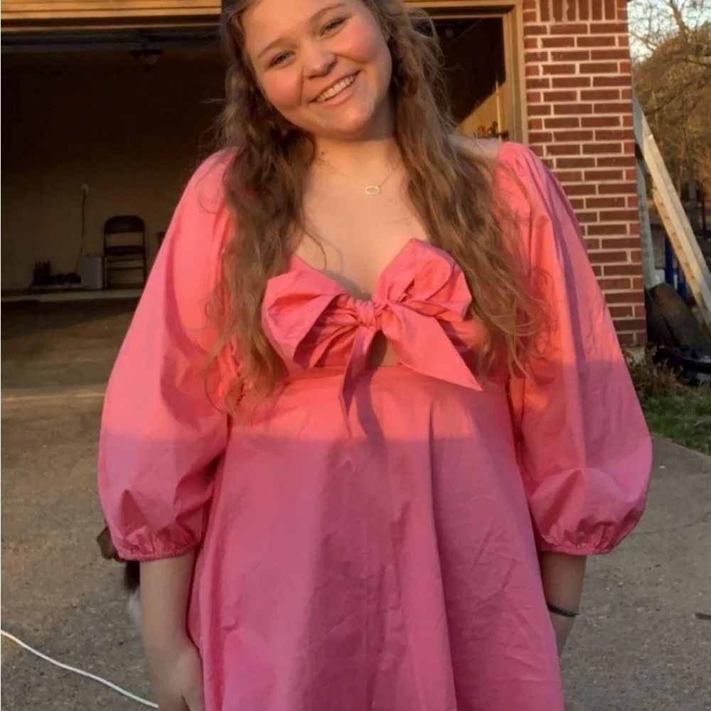Mustard Seed Pink Puff Sleeve Sundress Sweetheart Neckline